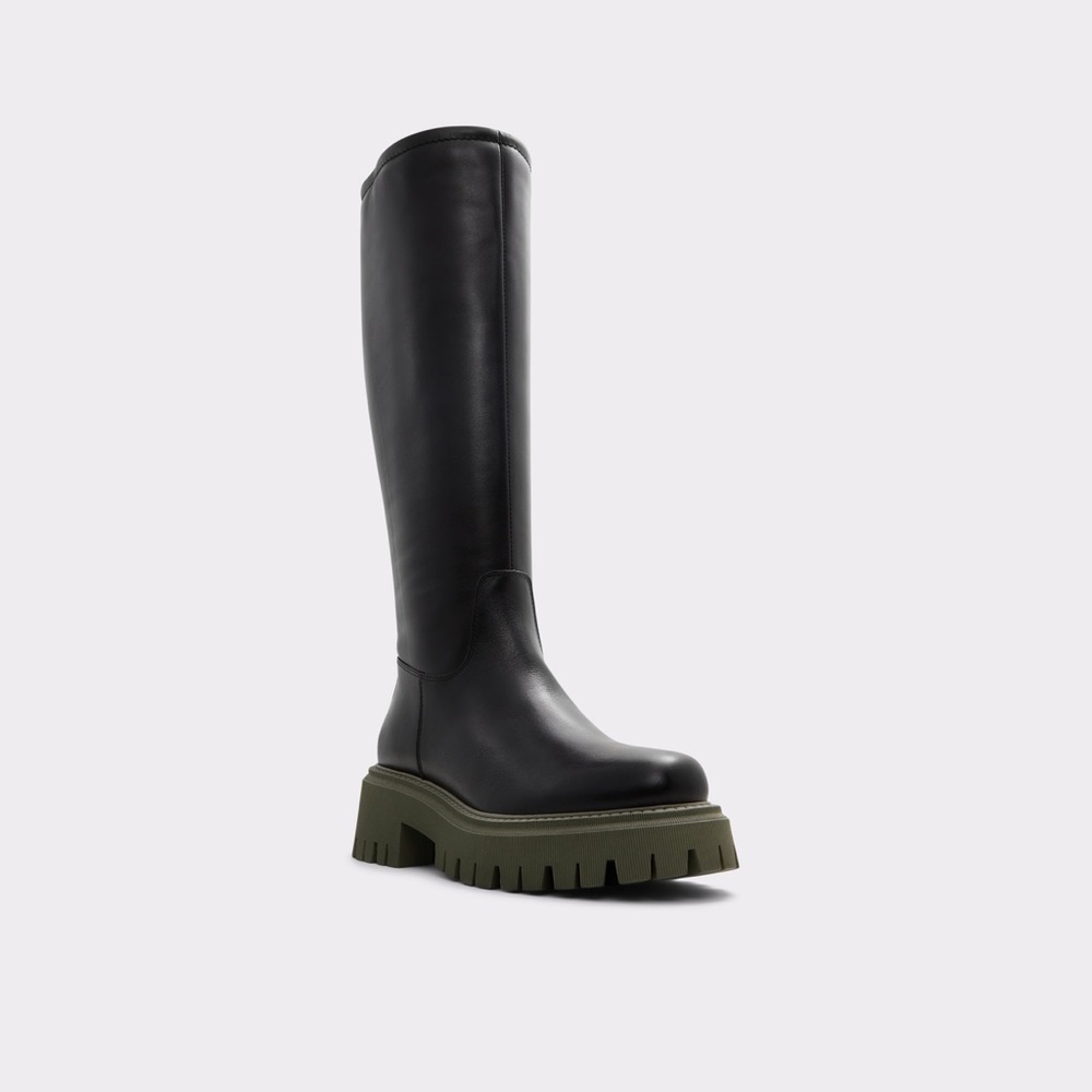 Aldo Black Khaki Platform Knee Combat Motto Boots Size 6.5 New